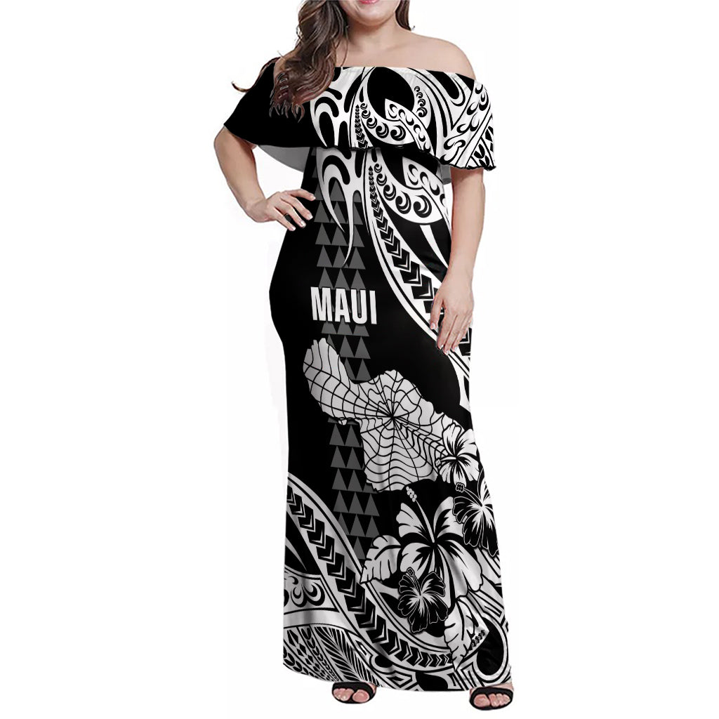 Hawaii Maui Upena Kiloi Family Matching Off Shoulder Maxi Dress and Hawaiian Shirt Kakau Tribal Pattern Black Version LT05 Mom's Dress Black - Polynesian Pride
