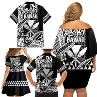 Hawaii Maui Upena Kiloi Family Matching Off Shoulder Short Dress and Hawaiian Shirt Kakau Tribal Pattern Black Version