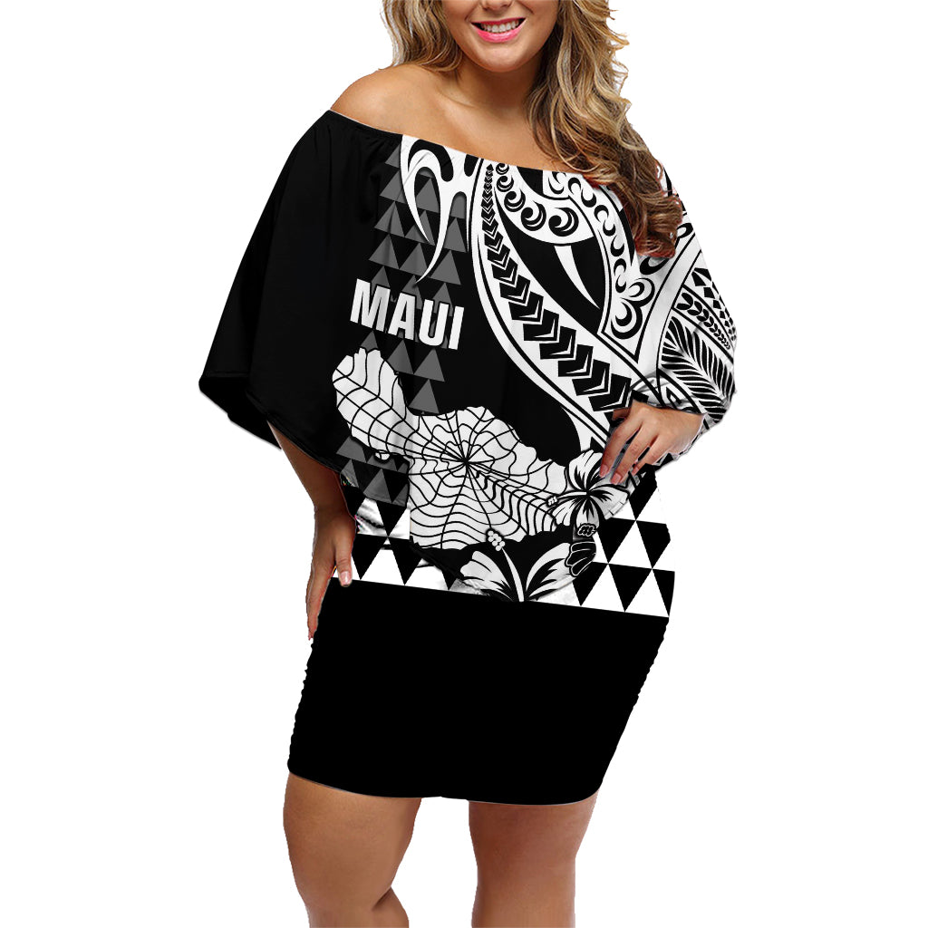 Hawaii Maui Upena Kiloi Family Matching Off Shoulder Short Dress and Hawaiian Shirt Kakau Tribal Pattern Black Version