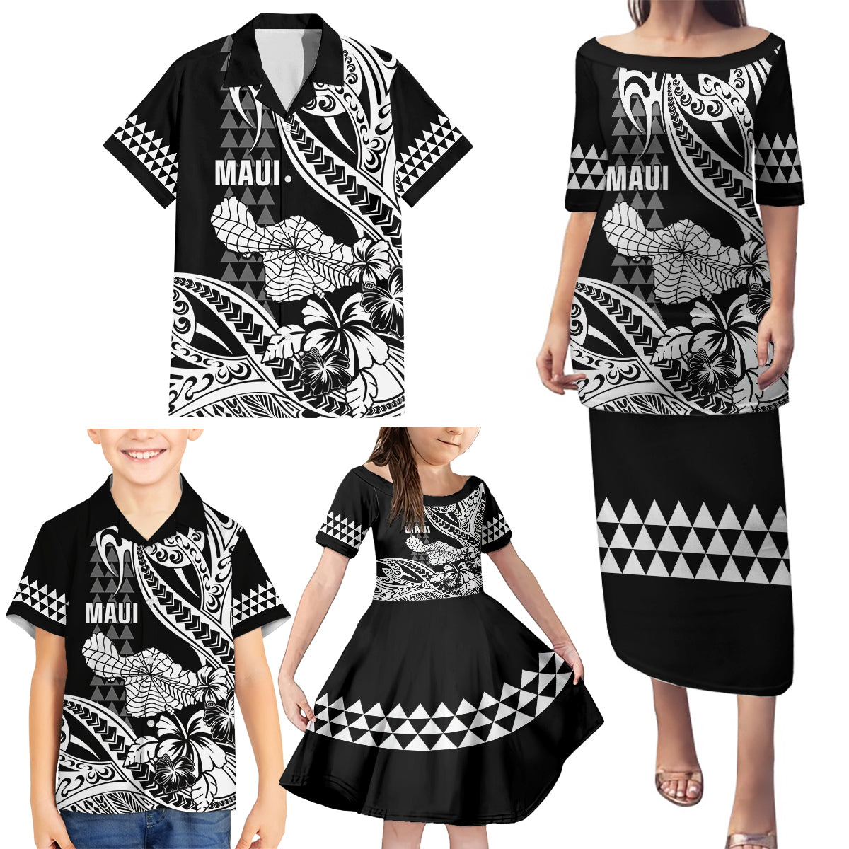 Hawaii Maui Upena Kiloi Family Matching Puletasi and Hawaiian Shirt Kakau Tribal Pattern Black Version LT05 - Polynesian Pride