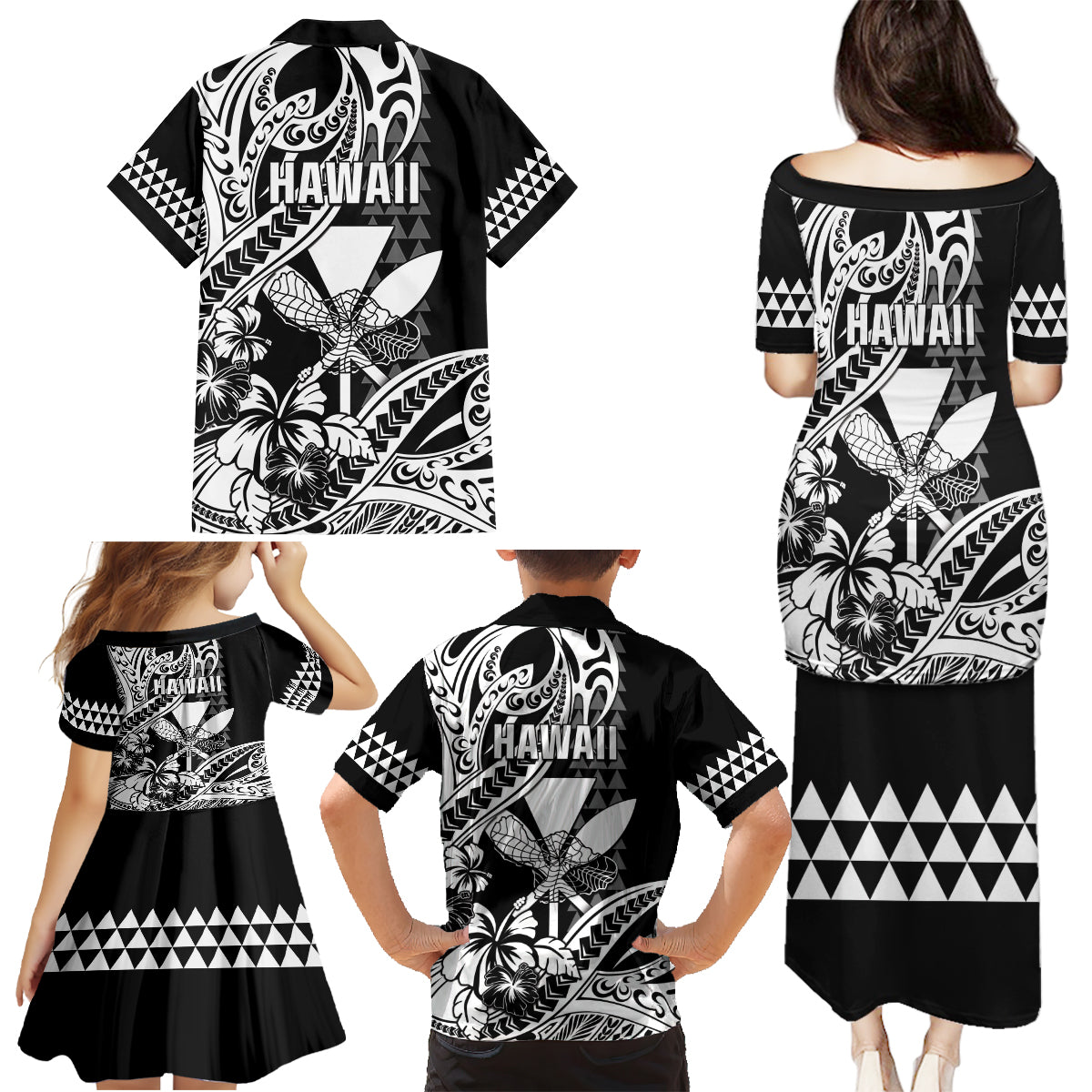 Hawaii Maui Upena Kiloi Family Matching Puletasi and Hawaiian Shirt Kakau Tribal Pattern Black Version LT05 - Polynesian Pride