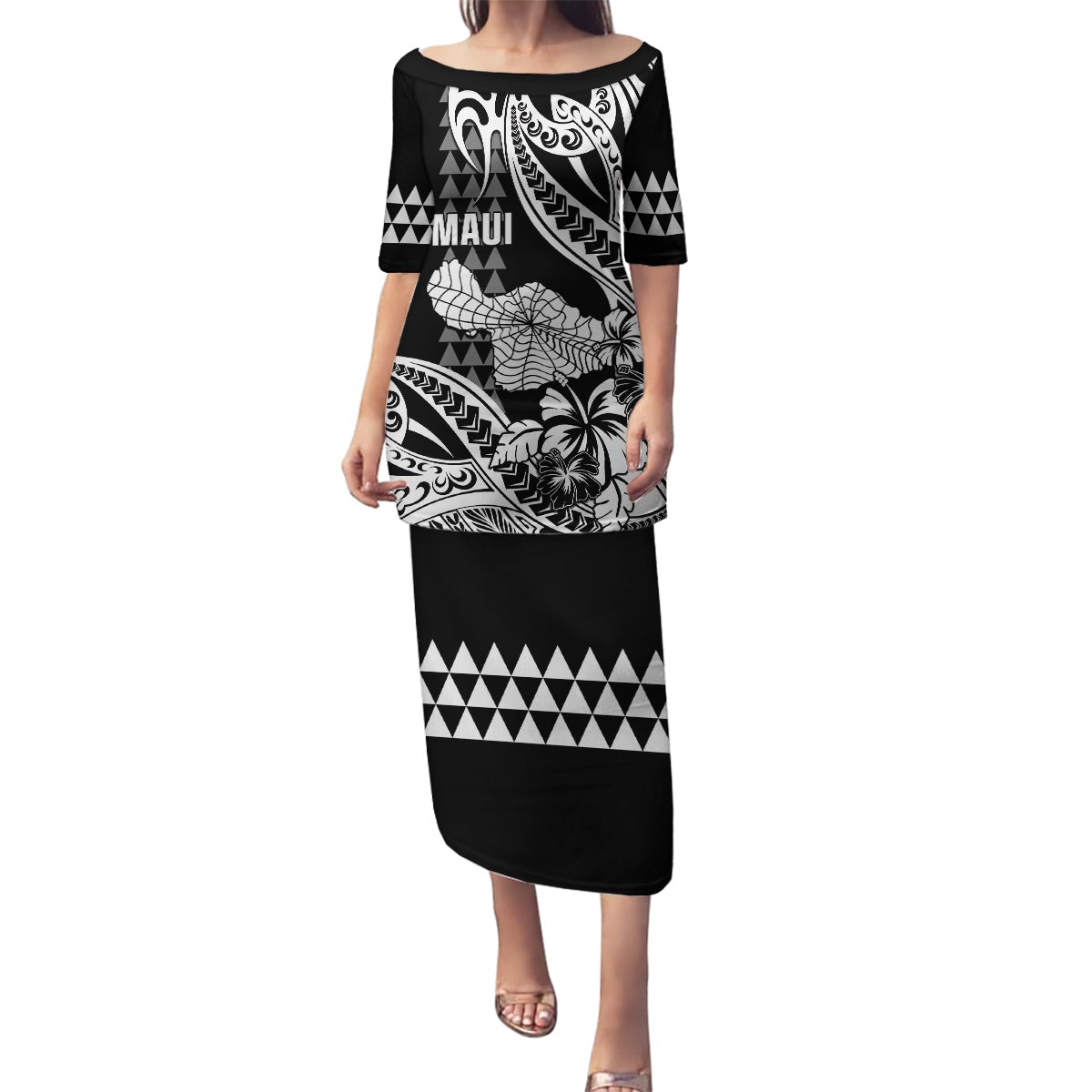 Hawaii Maui Upena Kiloi Family Matching Puletasi and Hawaiian Shirt Kakau Tribal Pattern Black Version LT05 Mom's Dress Black - Polynesian Pride