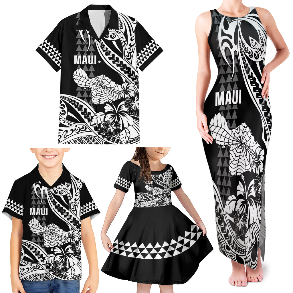 Hawaii Maui Upena Kiloi Family Matching Tank Maxi Dress and Hawaiian Shirt Kakau Tribal Pattern Black Version