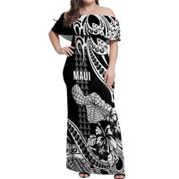Hawaii Maui Upena Kiloi Off Shoulder Maxi Dress Kakau Tribal Pattern Black Version LT05 Women Black - Polynesian Pride