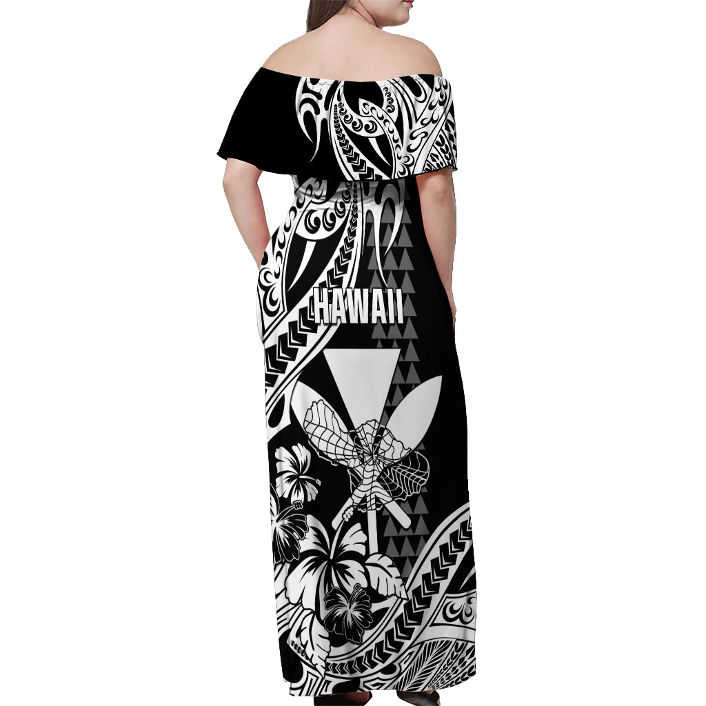Hawaii Maui Upena Kiloi Off Shoulder Maxi Dress Kakau Tribal Pattern Black Version LT05 - Polynesian Pride