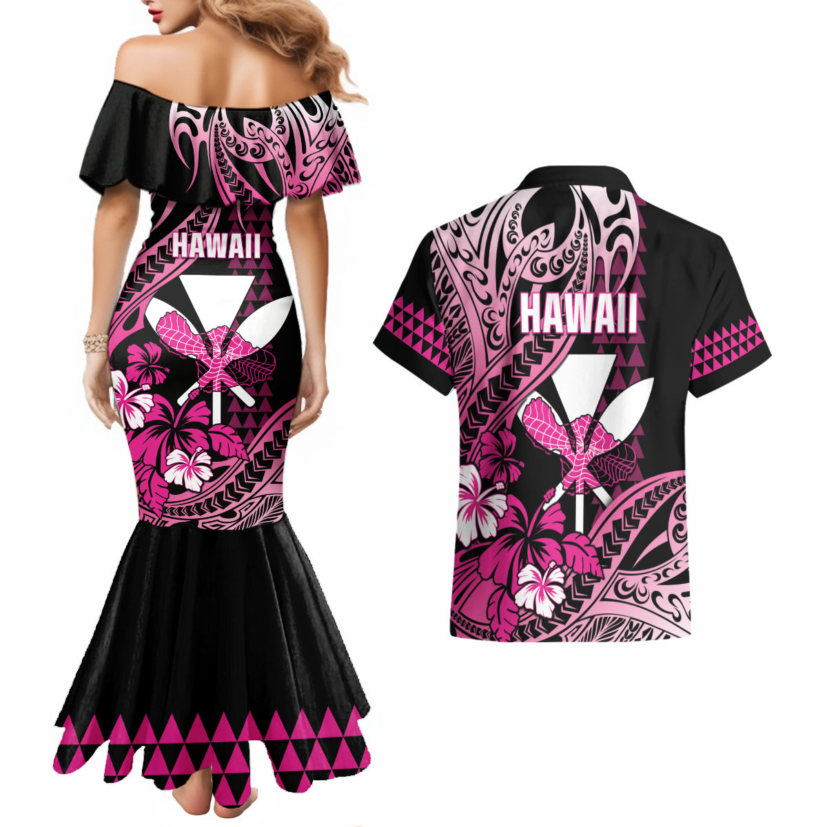 Hawaii Maui Upena Kiloi Couples Matching Mermaid Dress and Hawaiian Shirt Kakau Tribal Pattern Pink Version LT05 - Polynesian Pride