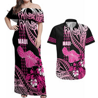 Hawaii Maui Upena Kiloi Couples Matching Off Shoulder Maxi Dress and Hawaiian Shirt Kakau Tribal Pattern Pink Version LT05 Pink - Polynesian Pride