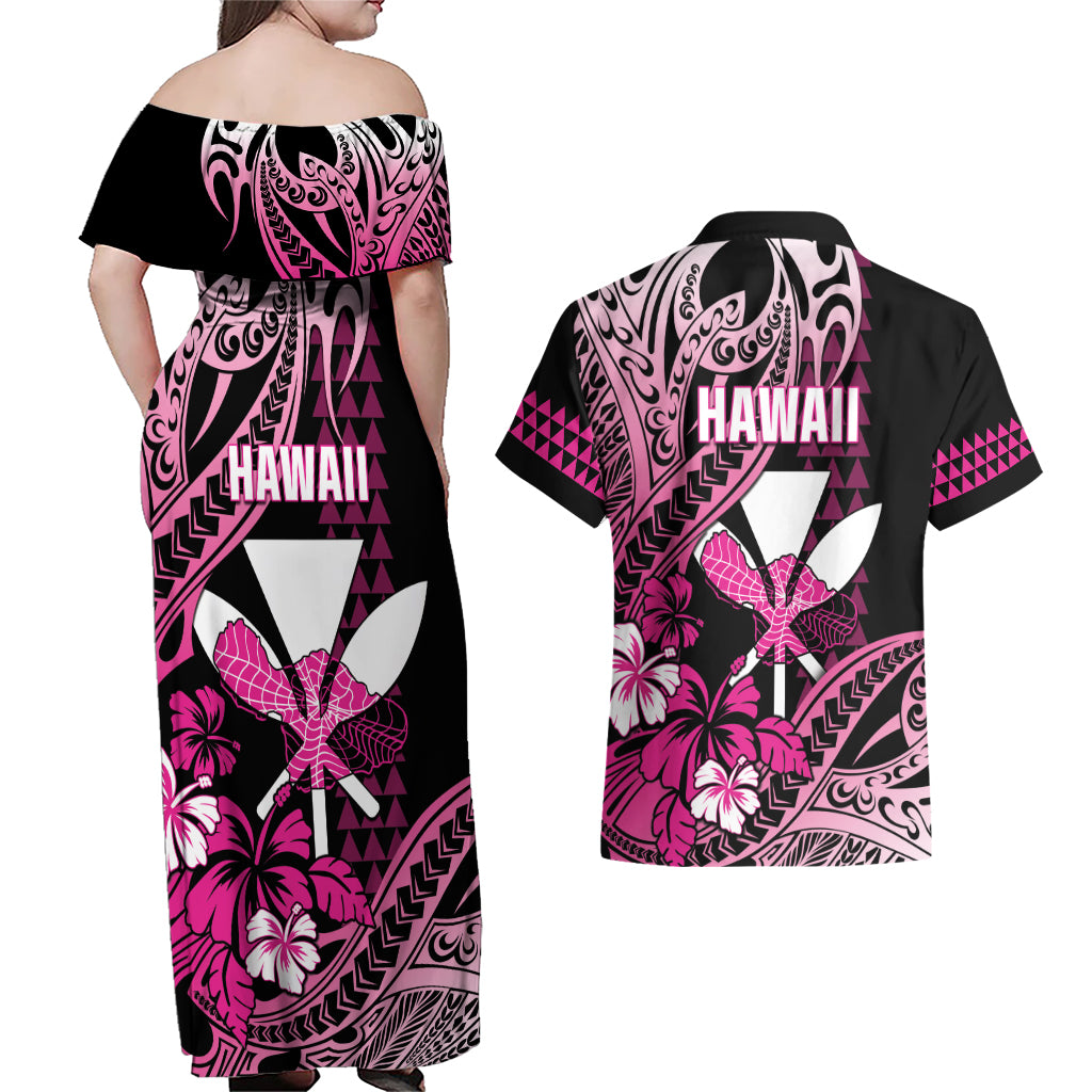 Hawaii Maui Upena Kiloi Couples Matching Off Shoulder Maxi Dress and Hawaiian Shirt Kakau Tribal Pattern Pink Version LT05 - Polynesian Pride