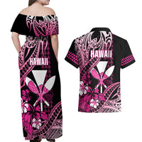 Hawaii Maui Upena Kiloi Couples Matching Off Shoulder Maxi Dress and Hawaiian Shirt Kakau Tribal Pattern Pink Version LT05 - Polynesian Pride