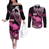 Hawaii Maui Upena Kiloi Couples Matching Off The Shoulder Long Sleeve Dress and Long Sleeve Button Shirt Kakau Tribal Pattern Pink Version