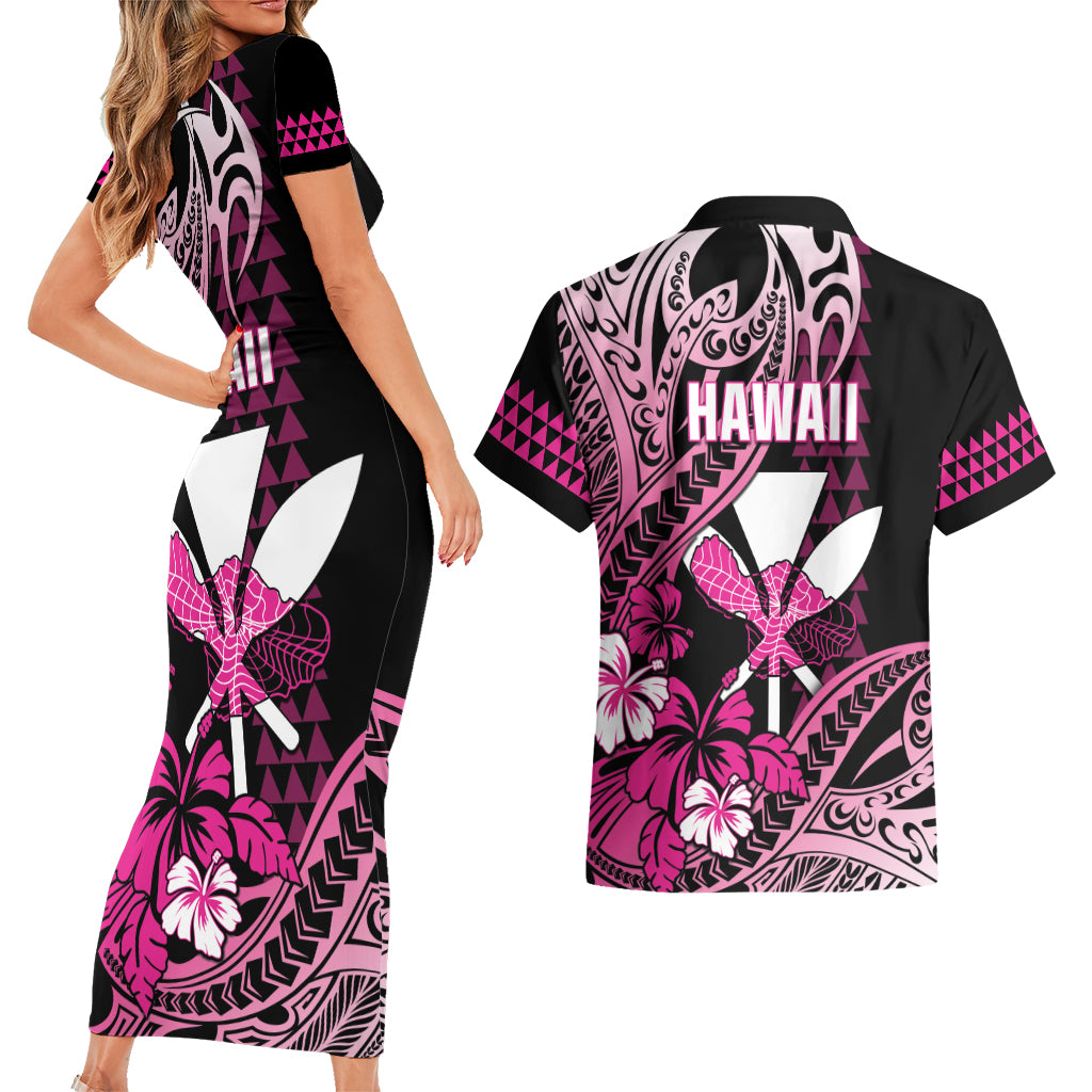 Hawaii Maui Upena Kiloi Couples Matching Short Sleeve Bodycon Dress and Hawaiian Shirt Kakau Tribal Pattern Pink Version LT05 - Polynesian Pride