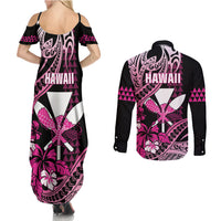 Hawaii Maui Upena Kiloi Couples Matching Summer Maxi Dress and Long Sleeve Button Shirt Kakau Tribal Pattern Pink Version