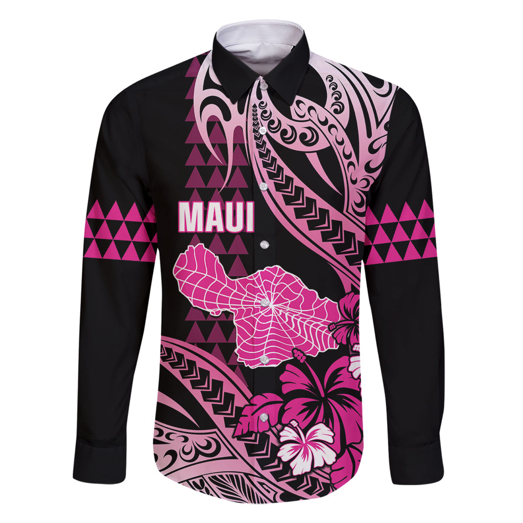 Hawaii Maui Upena Kiloi Family Matching Off Shoulder Maxi Dress and Hawaiian Shirt Kakau Tribal Pattern Pink Version LT05 Dad's Shirt - Long Sleeve Pink - Polynesian Pride