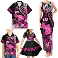 Hawaii Maui Upena Kiloi Family Matching Tank Maxi Dress and Hawaiian Shirt Kakau Tribal Pattern Pink Version