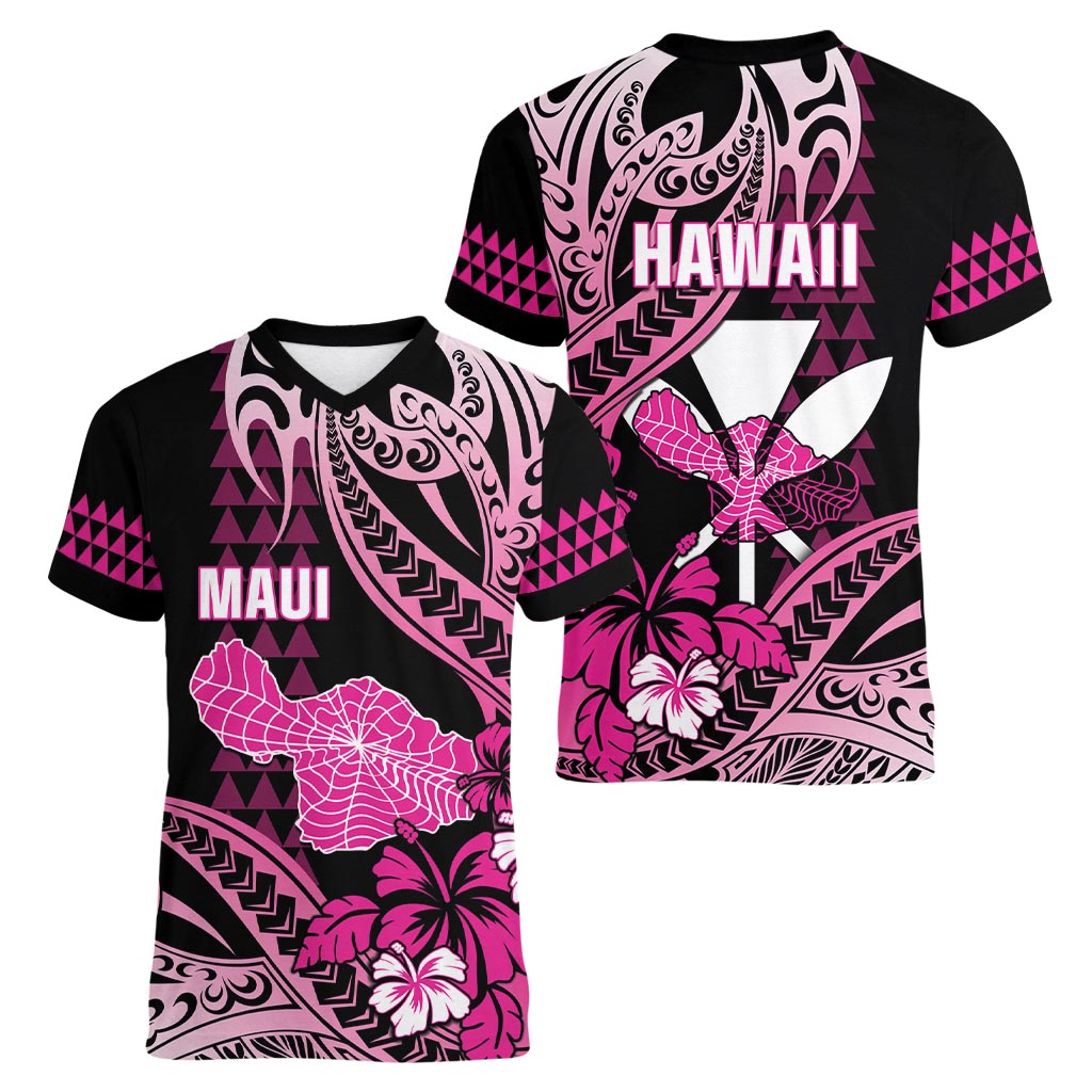 Hawaii Maui Upena Kiloi Women V-Neck T-Shirt Kakau Tribal Pattern Pink Version