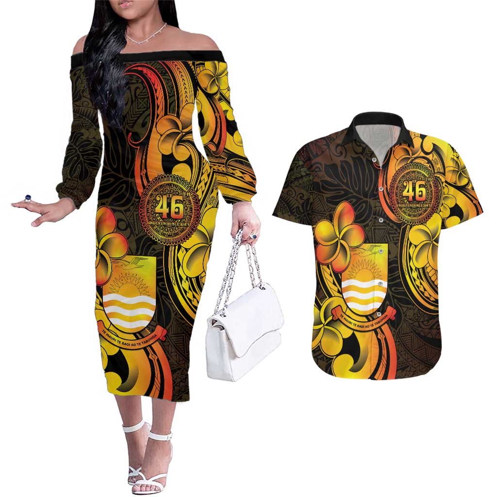 Personalised Kiribati Independence Day Couples Matching Off The Shoulder Long Sleeve Dress and Hawaiian Shirt 46th Anniversary LT05 Yellow - Polynesian Pride