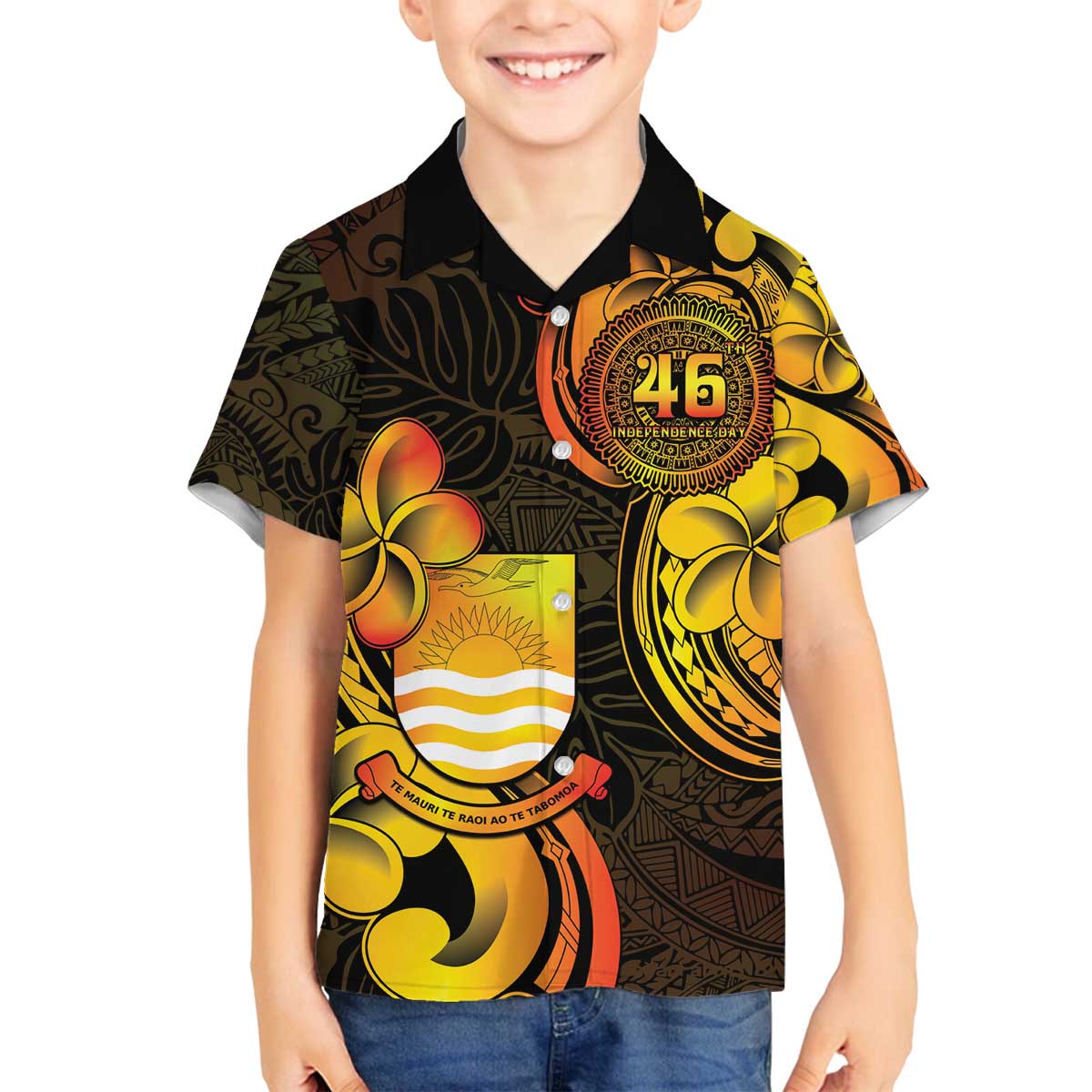 Personalised Kiribati Independence Day Family Matching Off The Shoulder Long Sleeve Dress and Hawaiian Shirt 46th Anniversary LT05 Son's Shirt Yellow - Polynesian Pride
