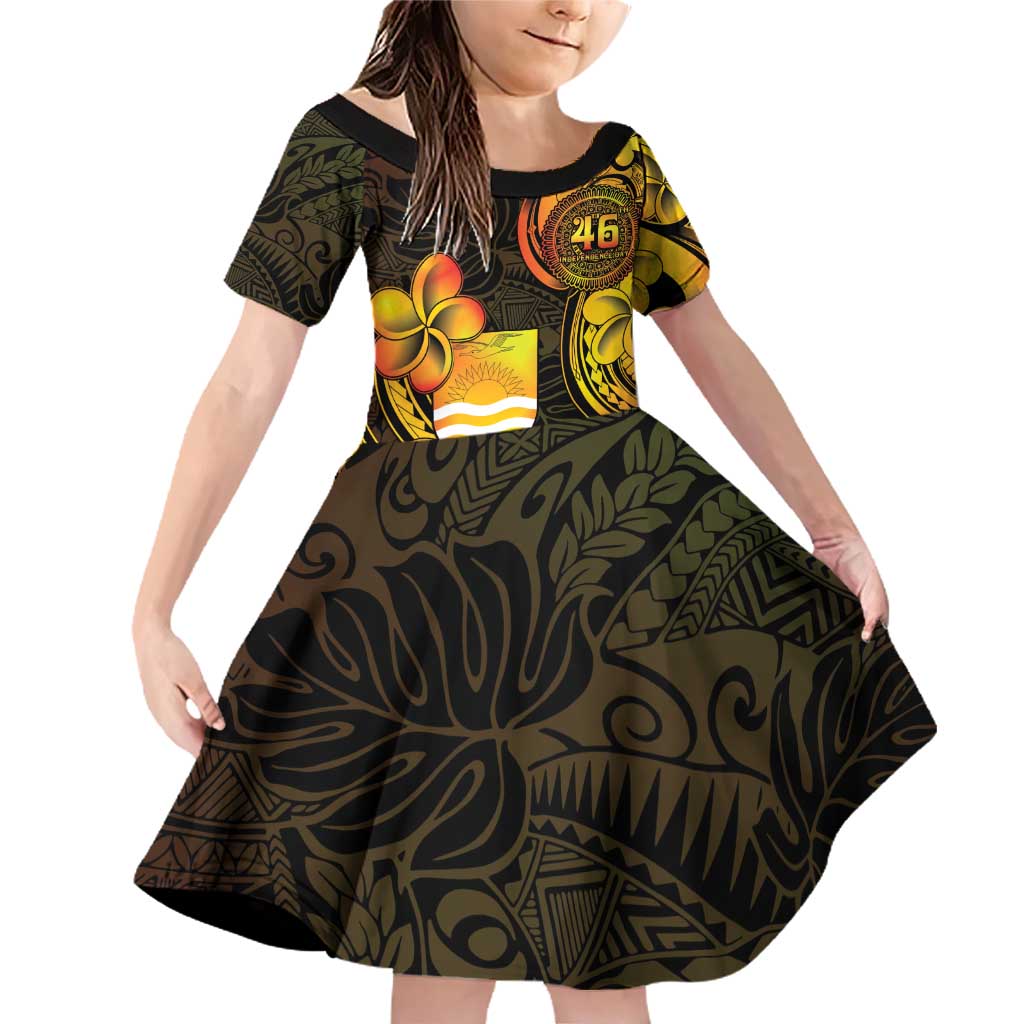 Personalised Kiribati Independence Day Family Matching Off Shoulder Short Dress and Hawaiian Shirt 46th Anniversary LT05 Daughter's Dress Yellow - Polynesian Pride