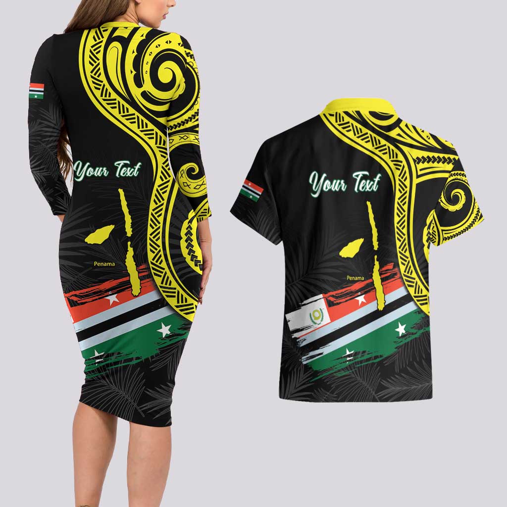 Personalised Vanuatu Penama Day Couples Matching Long Sleeve Bodycon Dress and Hawaiian Shirt Grunge Flag Style LT05 - Polynesian Pride