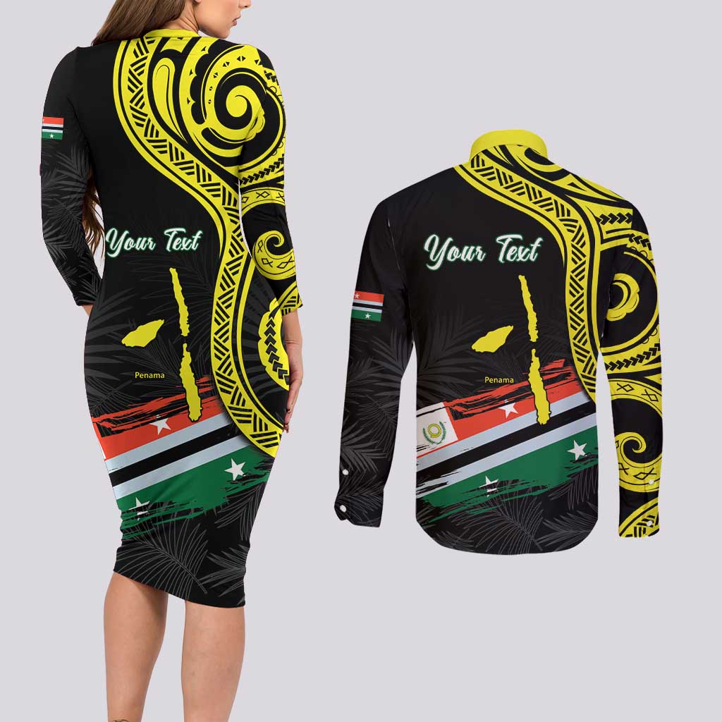 Personalised Vanuatu Penama Day Couples Matching Long Sleeve Bodycon Dress and Long Sleeve Button Shirt Grunge Flag Style LT05 - Polynesian Pride