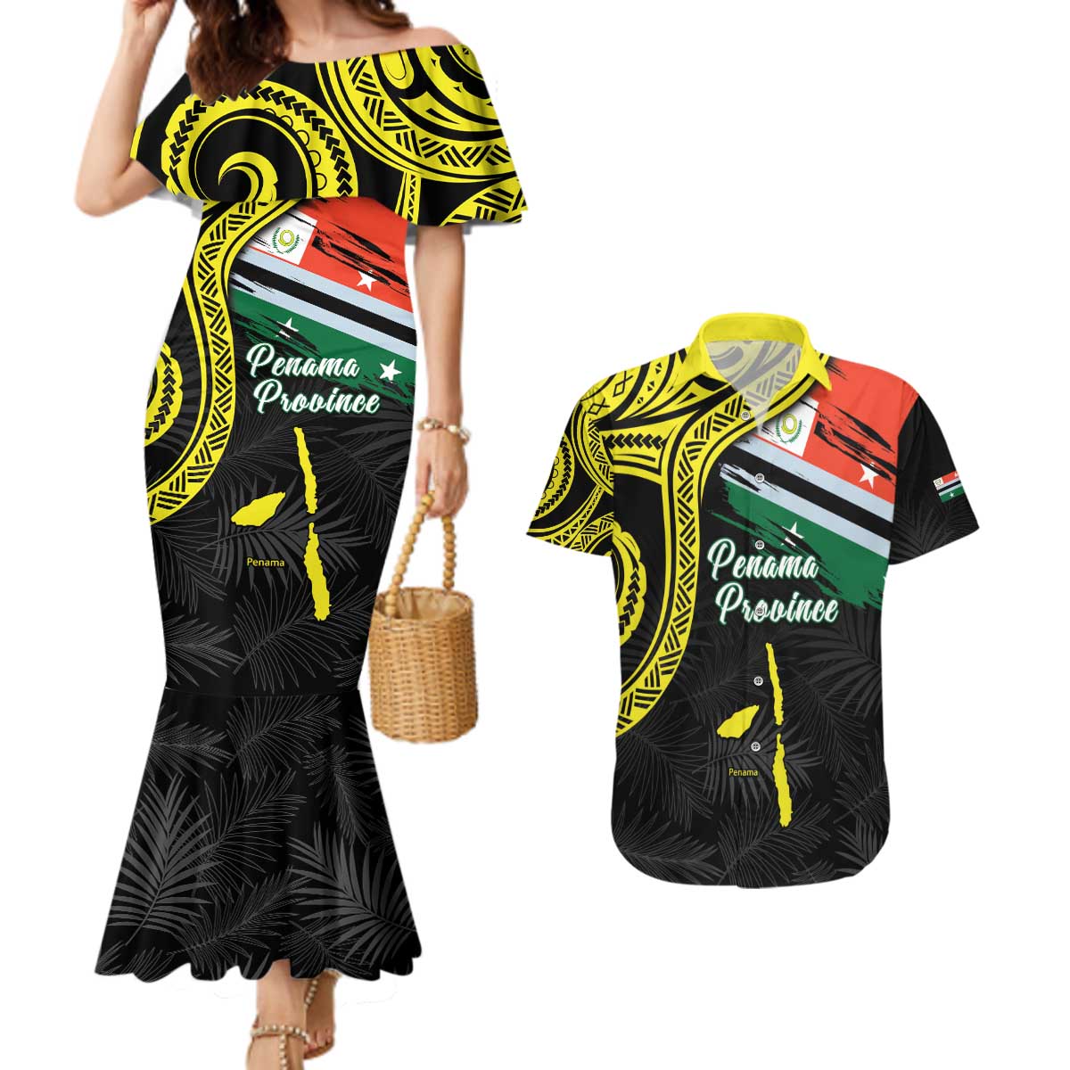 Personalised Vanuatu Penama Day Couples Matching Mermaid Dress and Hawaiian Shirt Grunge Flag Style LT05 Black - Polynesian Pride