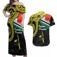 Personalised Vanuatu Penama Day Couples Matching Off Shoulder Maxi Dress and Hawaiian Shirt Grunge Flag Style LT05 Black - Polynesian Pride