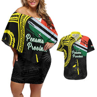 Personalised Vanuatu Penama Day Couples Matching Off Shoulder Short Dress and Hawaiian Shirt Grunge Flag Style LT05 Black - Polynesian Pride