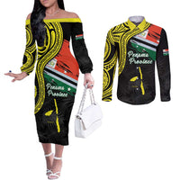 Personalised Vanuatu Penama Day Couples Matching Off The Shoulder Long Sleeve Dress and Long Sleeve Button Shirt Grunge Flag Style LT05 Black - Polynesian Pride