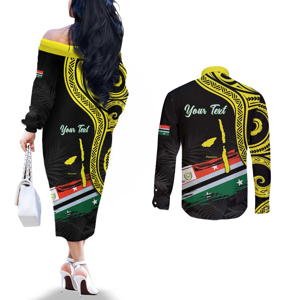 Personalised Vanuatu Penama Day Couples Matching Off The Shoulder Long Sleeve Dress and Long Sleeve Button Shirt Grunge Flag Style LT05 - Polynesian Pride