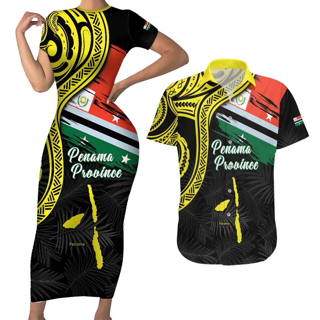 Personalised Vanuatu Penama Day Couples Matching Short Sleeve Bodycon Dress and Hawaiian Shirt Grunge Flag Style LT05 Black - Polynesian Pride