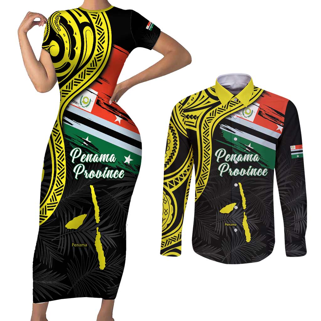 Personalised Vanuatu Penama Day Couples Matching Short Sleeve Bodycon Dress and Long Sleeve Button Shirt Grunge Flag Style LT05 Black - Polynesian Pride