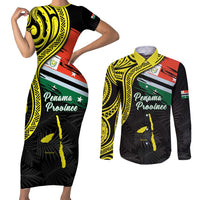 Personalised Vanuatu Penama Day Couples Matching Short Sleeve Bodycon Dress and Long Sleeve Button Shirt Grunge Flag Style LT05 Black - Polynesian Pride