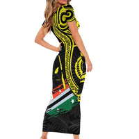 Personalised Vanuatu Penama Day Family Matching Short Sleeve Bodycon Dress and Hawaiian Shirt Grunge Flag Style LT05 - Polynesian Pride