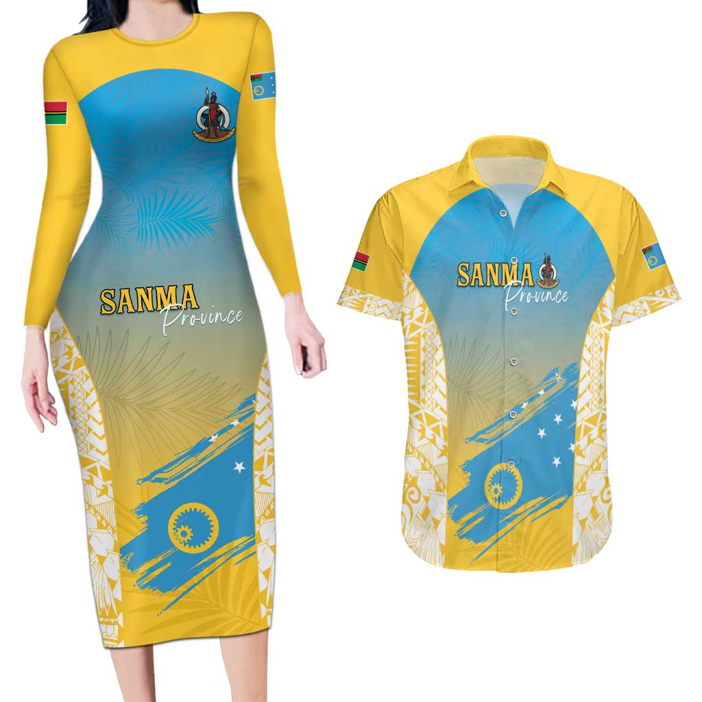 Personalised Vanuatu Sanma Day Couples Matching Long Sleeve Bodycon Dress and Hawaiian Shirt Special Style LT05 Yellow - Polynesian Pride