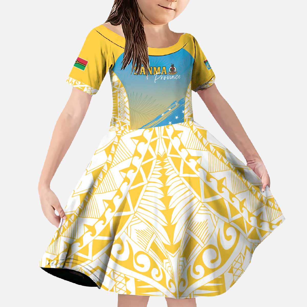 Personalised Vanuatu Sanma Day Family Matching Off The Shoulder Long Sleeve Dress and Hawaiian Shirt Special Style LT05 Daughter's Dress Yellow - Polynesian Pride