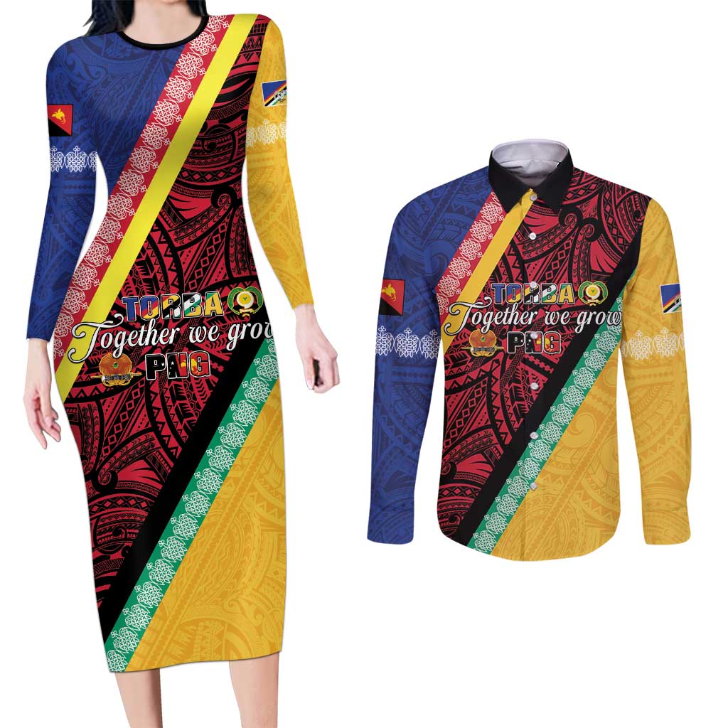Love Torba PNG Day Couples Matching Long Sleeve Bodycon Dress and Long Sleeve Button Shirt Together We Grow LT05 Colorful - Polynesian Pride