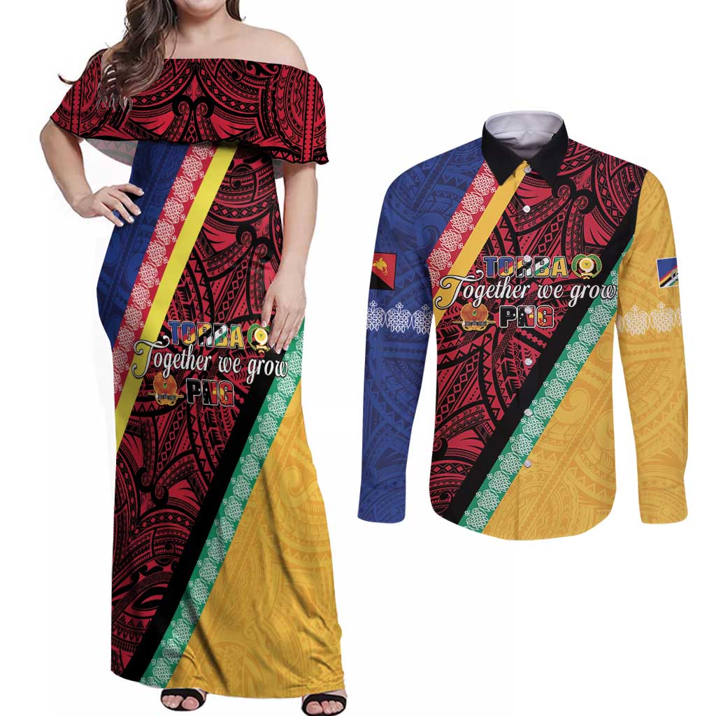 Love Torba PNG Day Couples Matching Off Shoulder Maxi Dress and Long Sleeve Button Shirt Together We Grow LT05 Colorful - Polynesian Pride