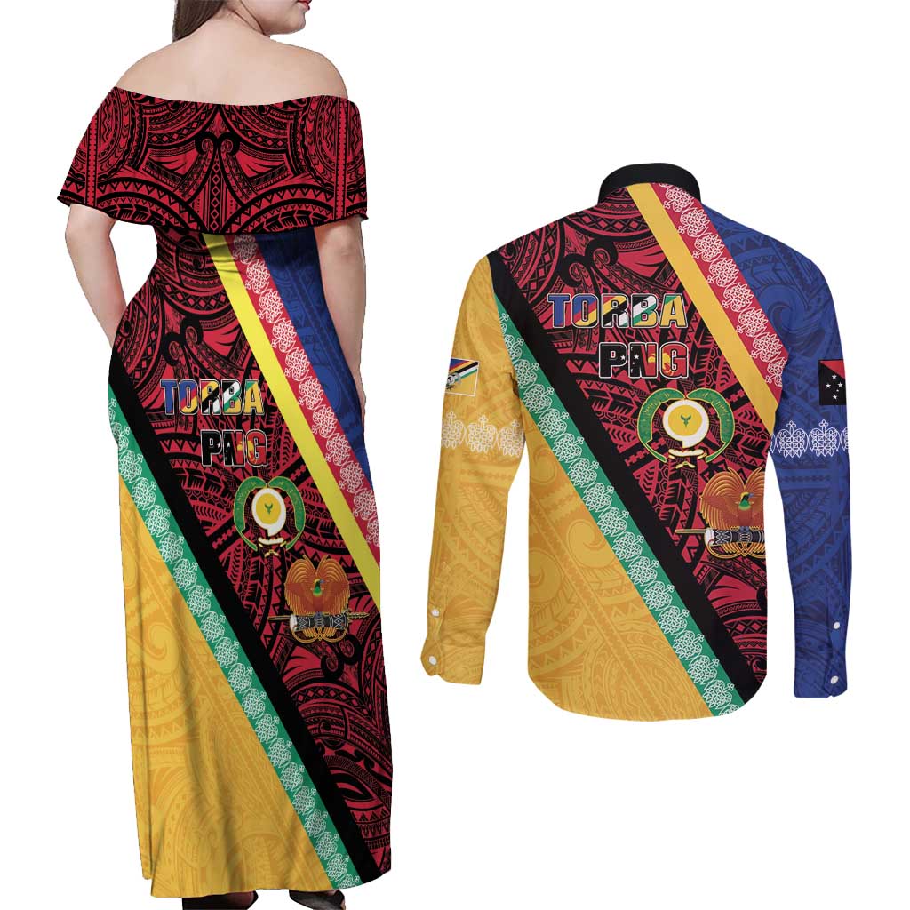 Love Torba PNG Day Couples Matching Off Shoulder Maxi Dress and Long Sleeve Button Shirt Together We Grow LT05 - Polynesian Pride