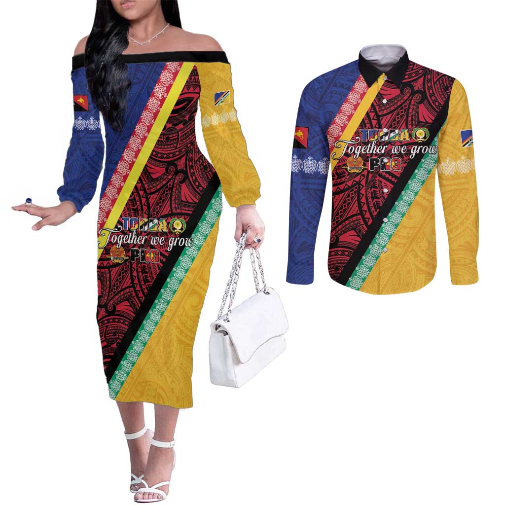 Love Torba PNG Day Couples Matching Off The Shoulder Long Sleeve Dress and Long Sleeve Button Shirt Together We Grow LT05 Colorful - Polynesian Pride