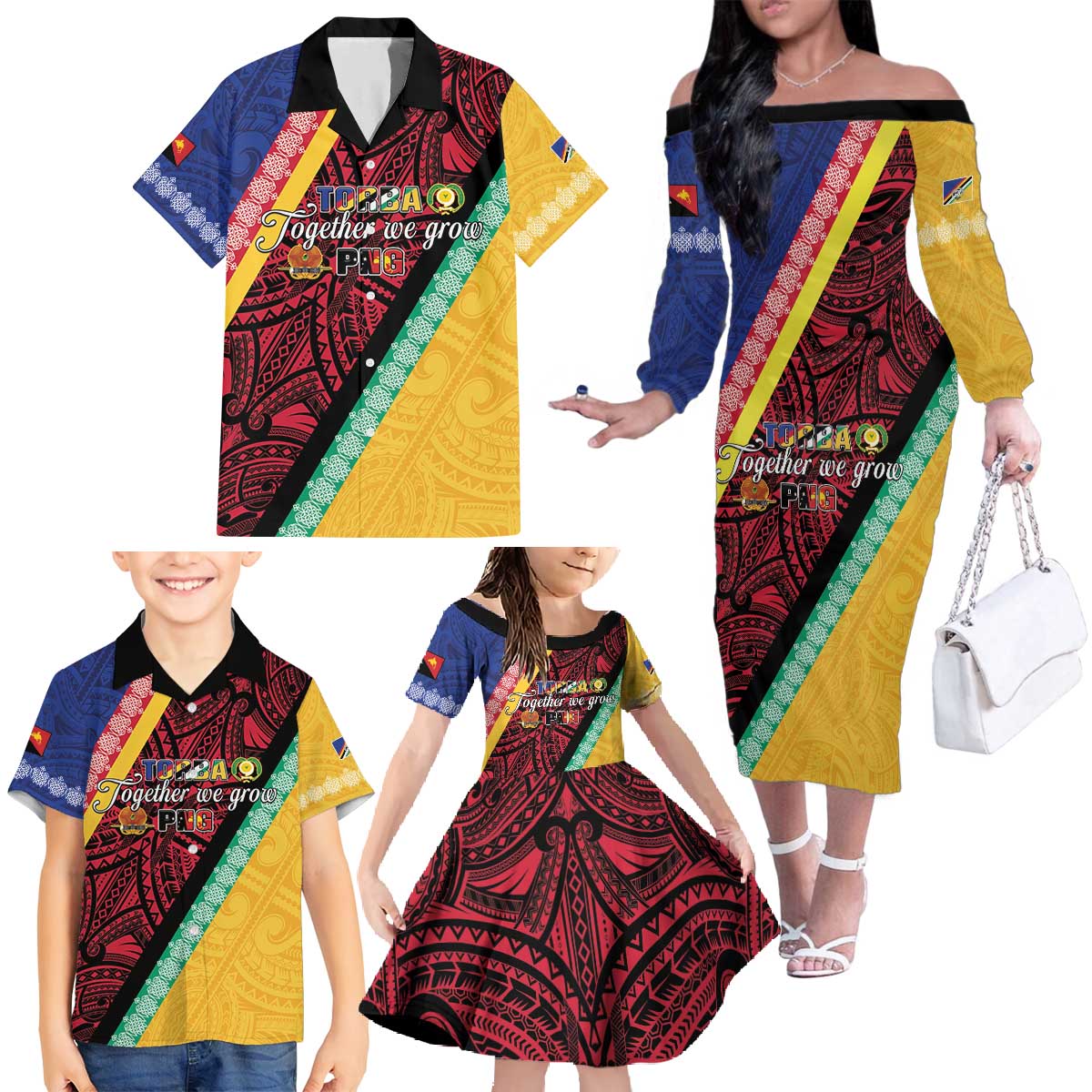 Love Torba PNG Day Family Matching Off The Shoulder Long Sleeve Dress and Hawaiian Shirt Together We Grow LT05 - Polynesian Pride