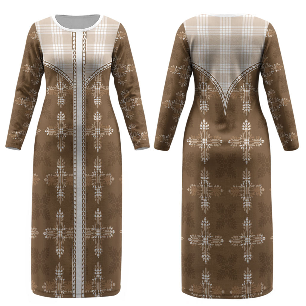 Beige Hawaii Paniolo Quilt Motif Couples Matching Long Sleeve Bodycon Dress and Hawaiian Shirt LT05 - Polynesian Pride