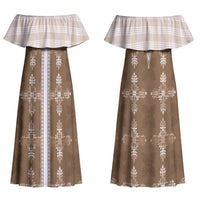 Beige Hawaii Paniolo Quilt Motif Couples Matching Off Shoulder Maxi Dress and Long Sleeve Button Shirt LT05 - Polynesian Pride