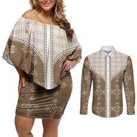 Beige Hawaii Paniolo Quilt Motif Couples Matching Off Shoulder Short Dress and Long Sleeve Button Shirt LT05 Beige - Polynesian Pride