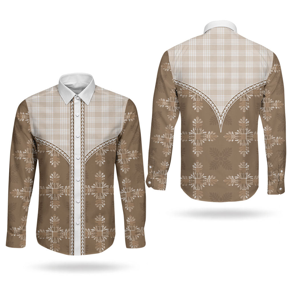 Beige Hawaii Paniolo Quilt Motif Couples Matching Off Shoulder Short Dress and Long Sleeve Button Shirt LT05 - Polynesian Pride