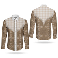 Beige Hawaii Paniolo Quilt Motif Couples Matching Off Shoulder Short Dress and Long Sleeve Button Shirt LT05 - Polynesian Pride