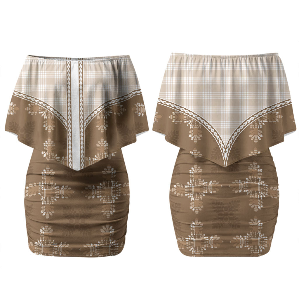 Beige Hawaii Paniolo Quilt Motif Couples Matching Off Shoulder Short Dress and Long Sleeve Button Shirt LT05 - Polynesian Pride