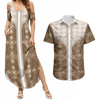 Beige Hawaii Paniolo Quilt Motif Couples Matching Summer Maxi Dress and Hawaiian Shirt LT05 Beige - Polynesian Pride