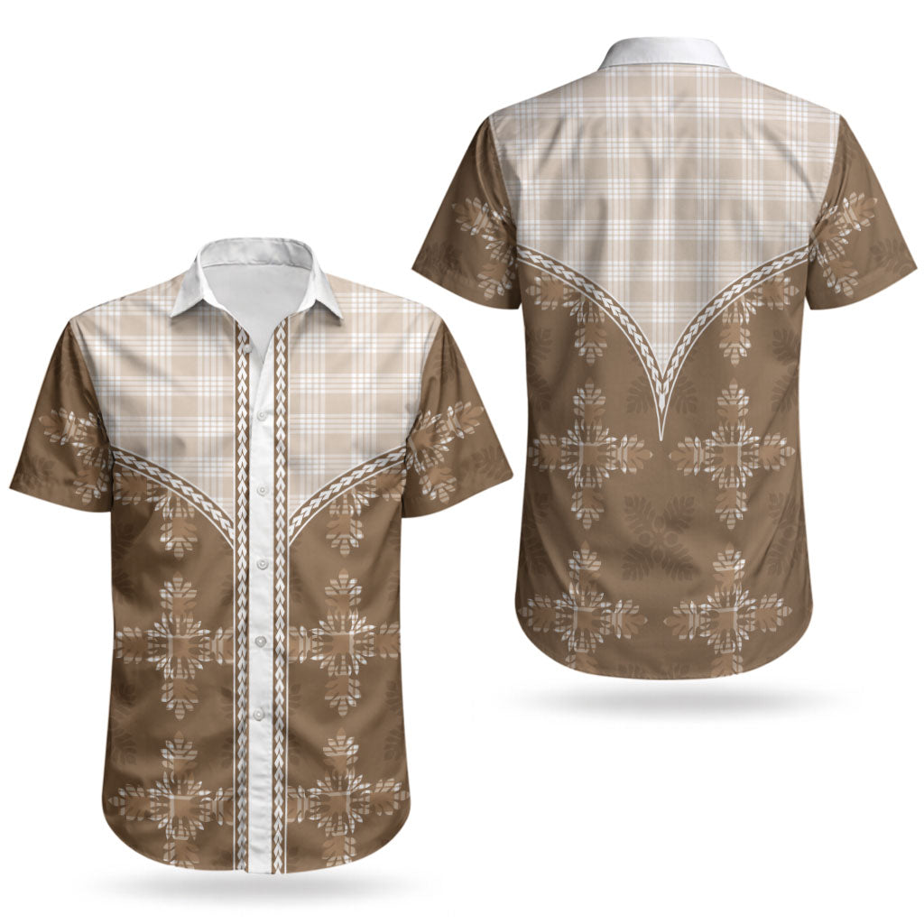 Beige Hawaii Paniolo Quilt Motif Couples Matching Summer Maxi Dress and Hawaiian Shirt LT05 - Polynesian Pride