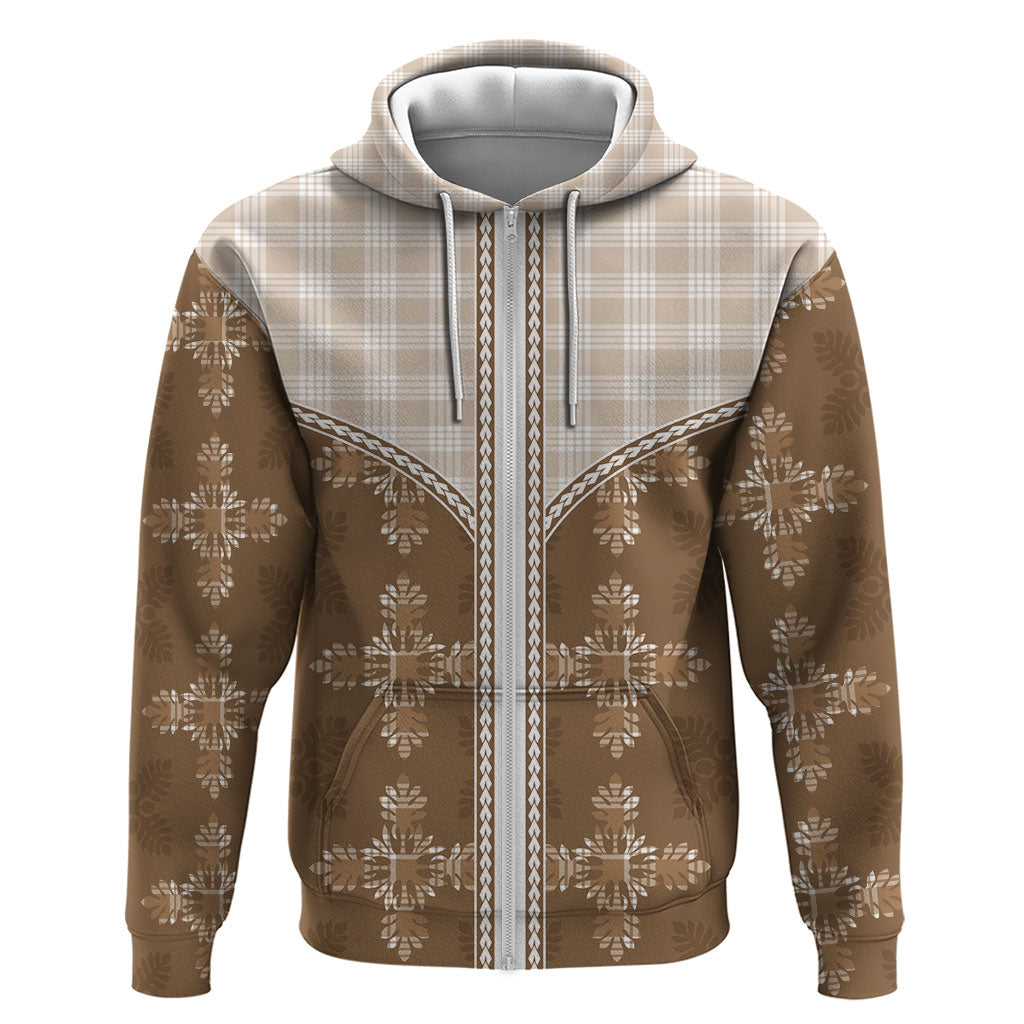 Beige Hawaii Paniolo Quilt Motif Hoodie LT05 Zip Hoodie Beige - Polynesian Pride