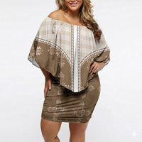 Beige Hawaii Paniolo Quilt Motif Off Shoulder Short Dress LT05 Women Beige - Polynesian Pride